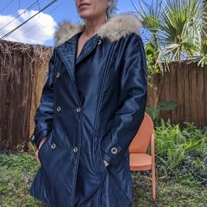 Vintage Navy Blue Faux Fur Lined Hooded Coat | International World of White Stag